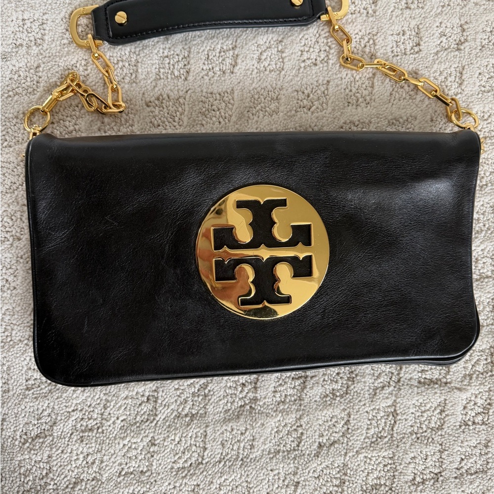 Tory Burch Black Clutch with Gold Chain